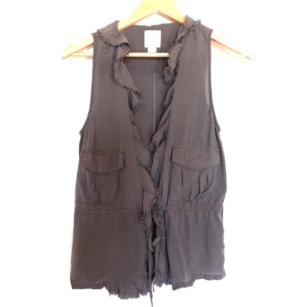 100% Silk Ruffle Vest Medium Gray Raw Hem Boho Utility Frayed Neutral‎ Cargo Top